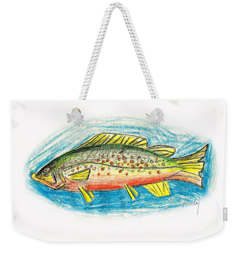Trout Weekender Tote Bag featuring the mixed media Funky Trout by Art MacKay