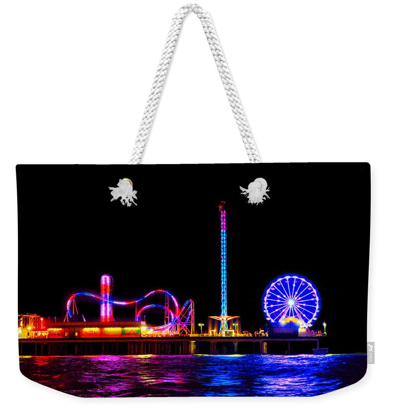 Galveston Weekender Tote Bag featuring the photograph Galveston Pleasure Pier at Night by Tim Stanley