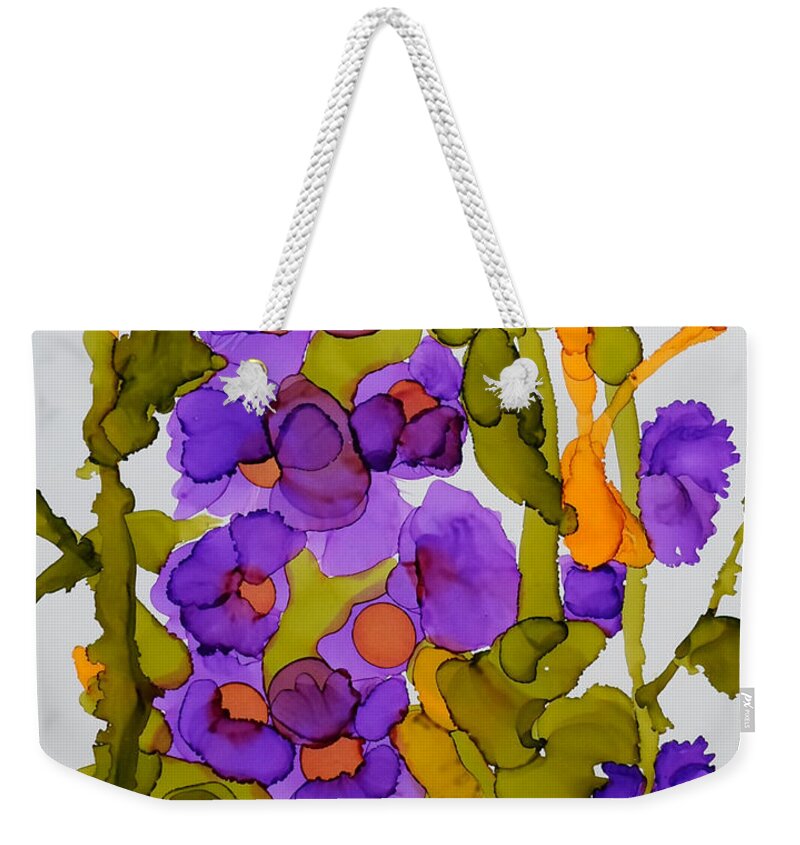 Hollyhocks Weekender Tote Bag featuring the painting Garden of Hollyhocks by Vicki Housel