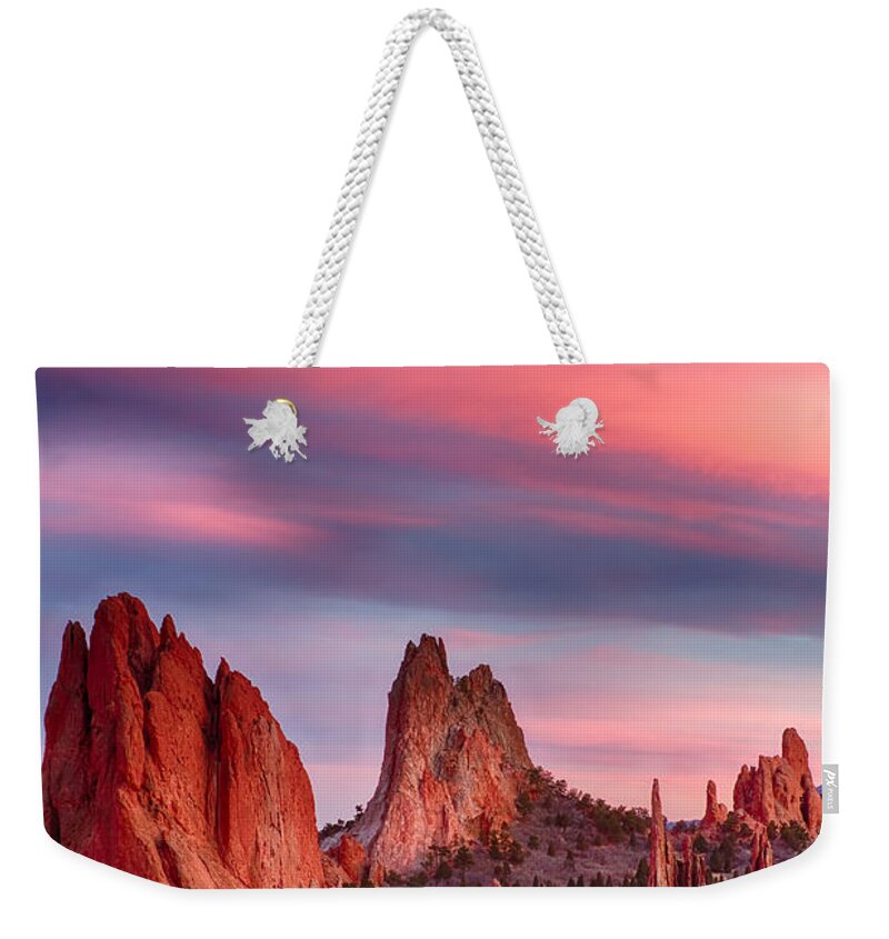 Garden Of The Gods Weekender Tote Bag featuring the photograph Garden of the Gods Sunset Sky Portrait by James BO Insogna