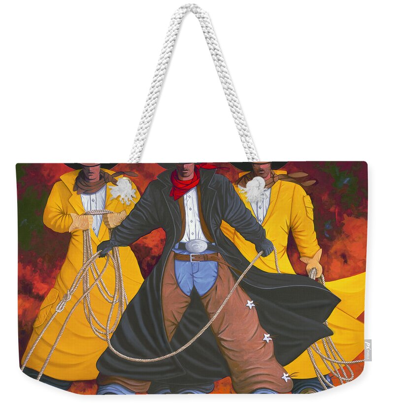 Cowboys Weekender Tote Bag featuring the painting Good Bad and Ugly by Lance Headlee