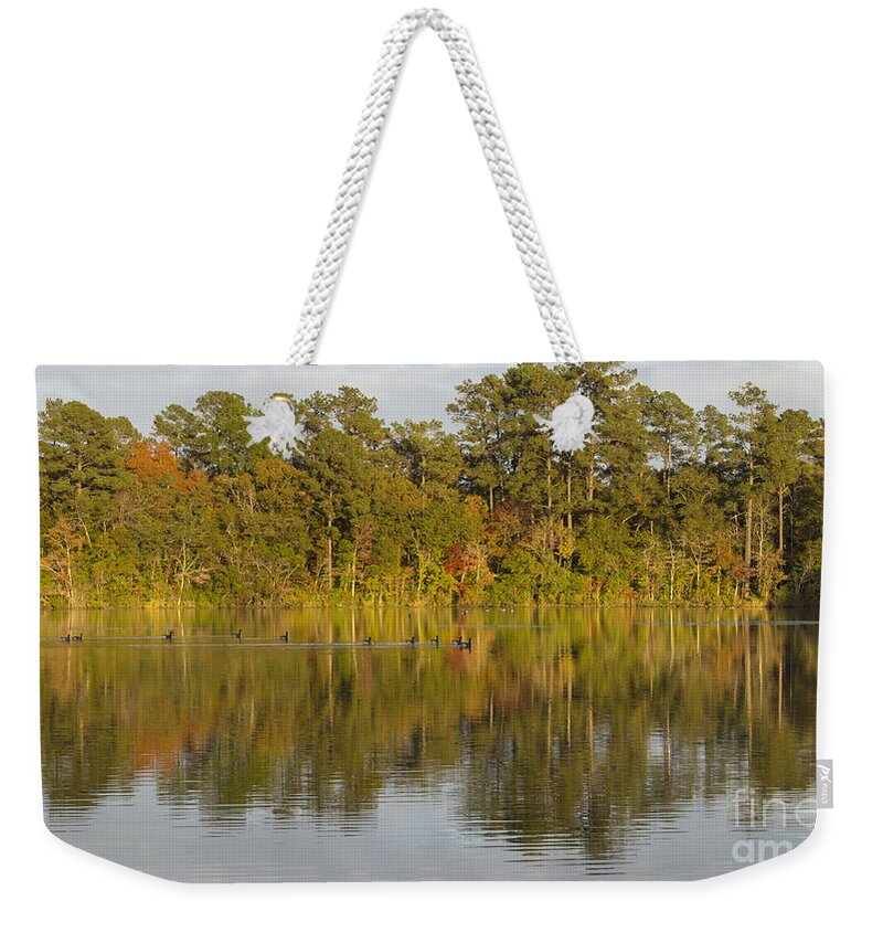 Goose Weekender Tote Bag featuring the photograph Geese on the Lake in Autumn by MM Anderson