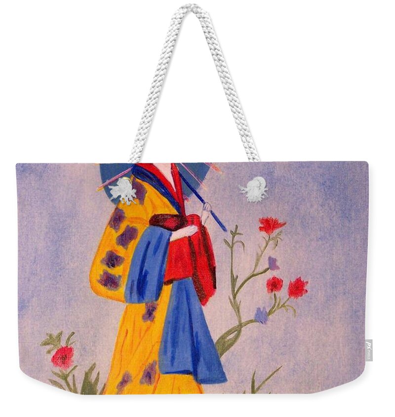 Geisha Weekender Tote Bag featuring the painting Geisha by Susan Turner Soulis