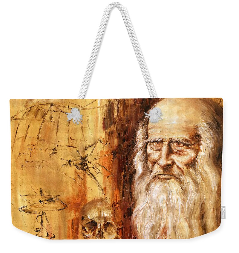 Leonardo Da Vinci Weekender Tote Bag featuring the painting Genius  Leonardo da Vinci by Arturas Slapsys