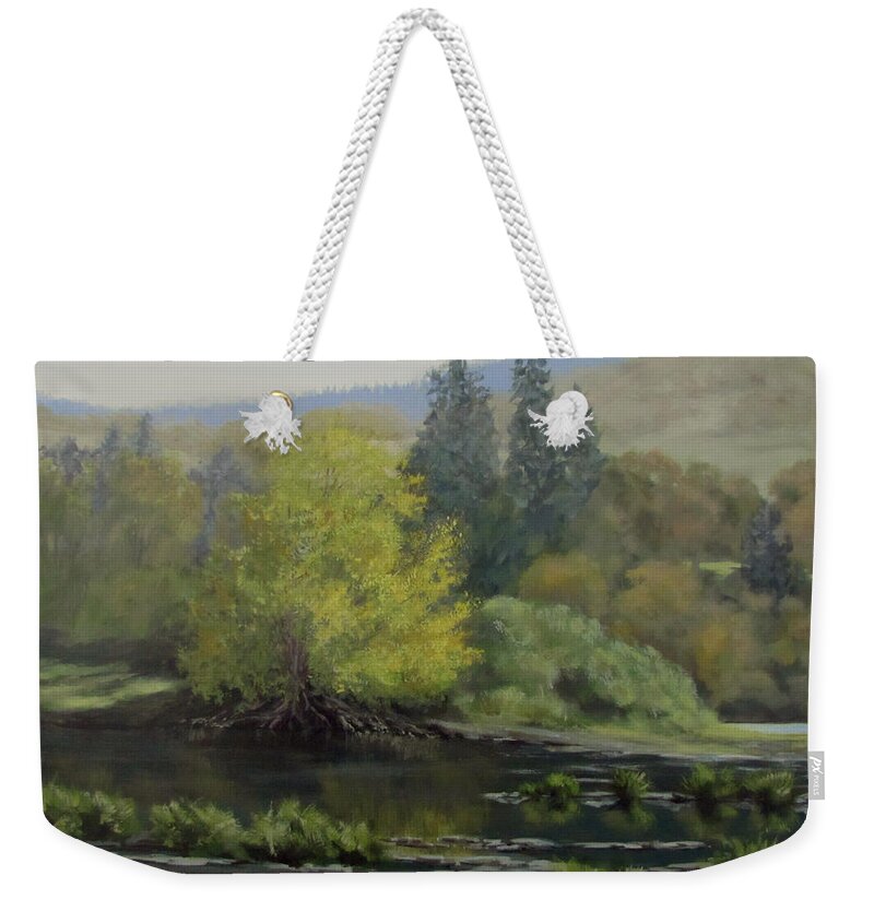 Landscape Weekender Tote Bag featuring the painting Gentle Morning by Karen Ilari