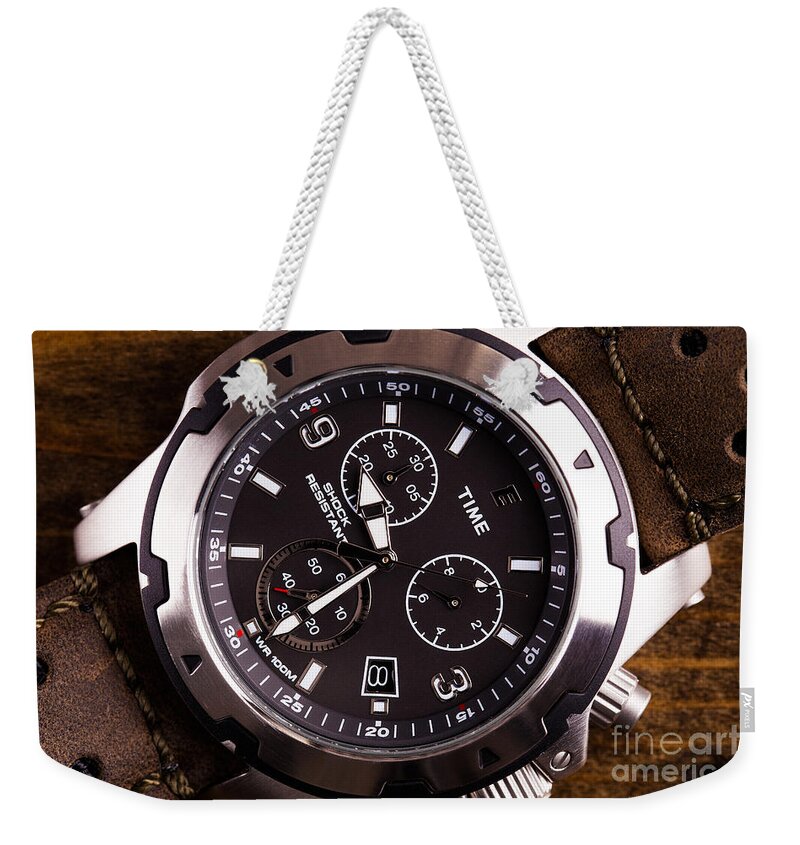 Watch Weekender Tote Bag featuring the photograph Gents analogue watch close up by Simon Bratt
