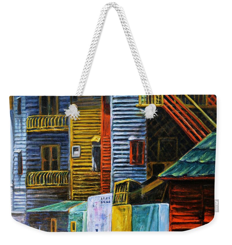 Cityscape Weekender Tote Bag featuring the painting Geometric Colours I by Xueling Zou