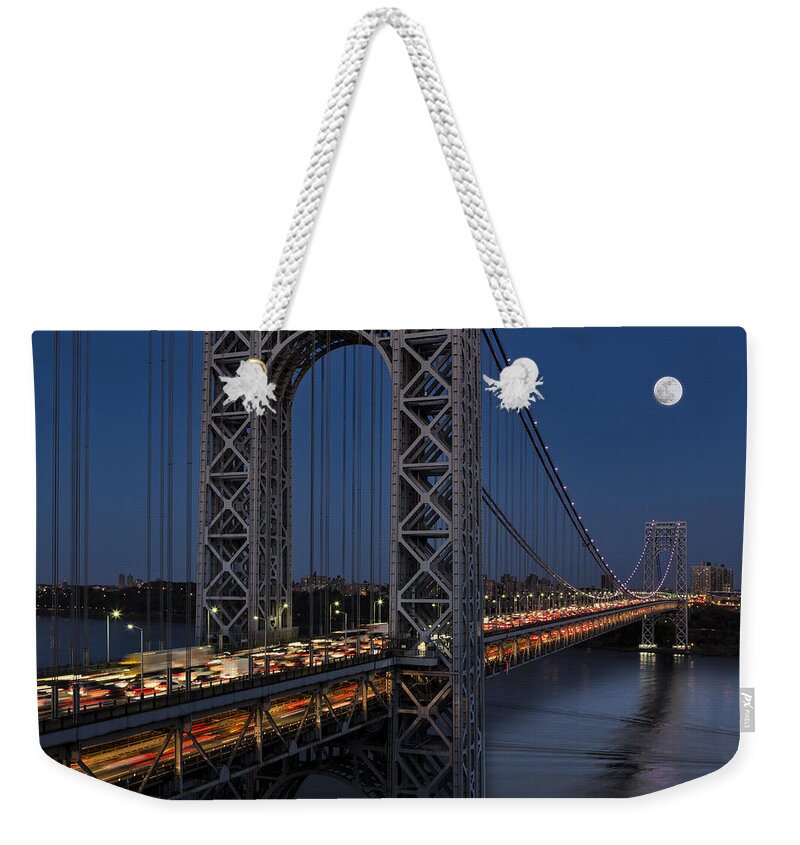 George Washington Bridge Weekender Tote Bag featuring the photograph George Washington Bridge Moon Rise by Susan Candelario