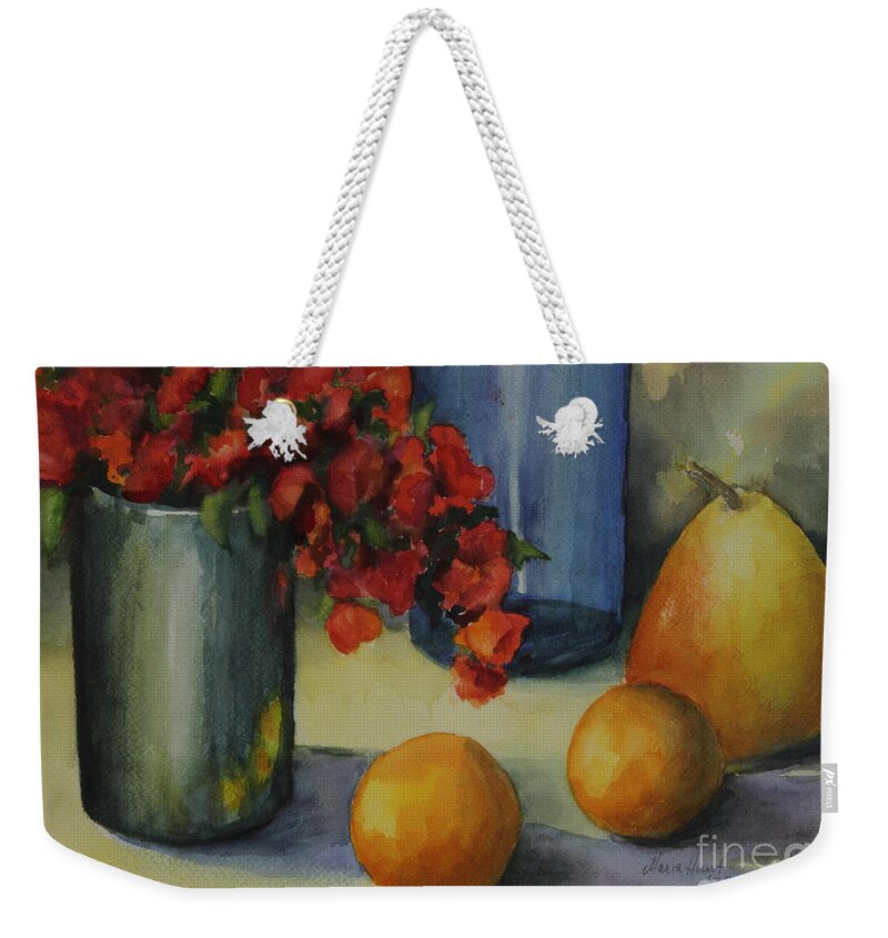 Pewter Vase Weekender Tote Bag featuring the photograph Geraniums with Pear and Oranges by Maria Hunt