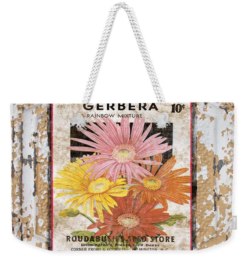 Tin Tile Weekender Tote Bag featuring the digital art Gerbera on Vintage Tin by Jean Plout