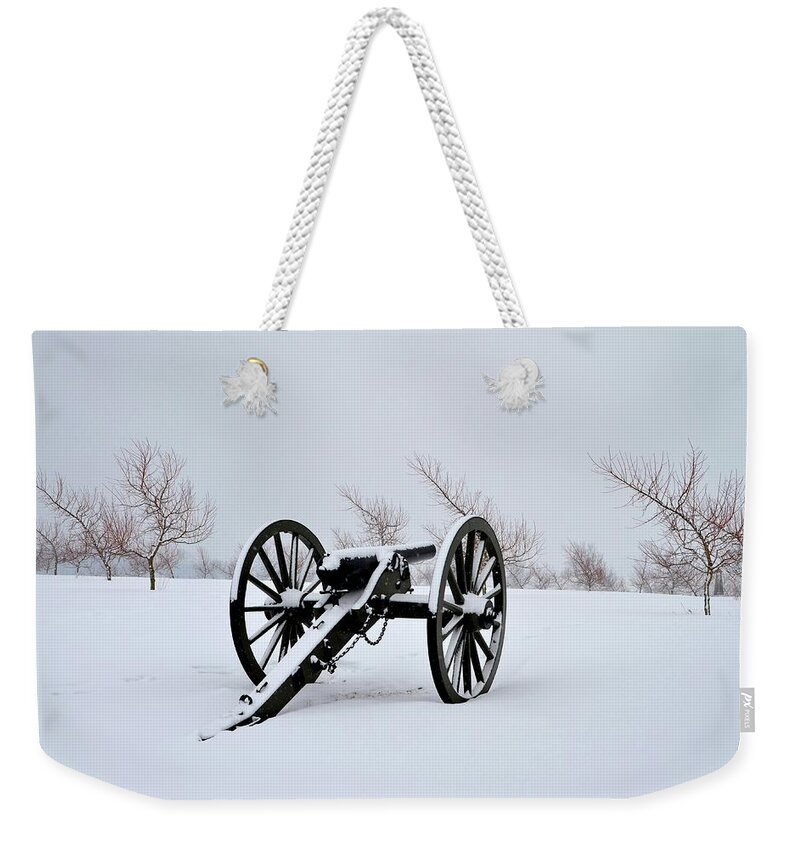Gettysburg Weekender Tote Bag featuring the photograph Gettysburg Cannon in Winter by Bill Cannon