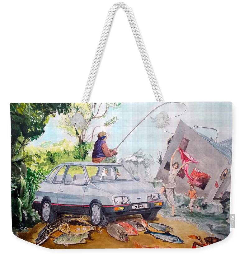 Cars Weekender Tote Bag featuring the painting GIFT listen with music of the description box by Lazaro Hurtado