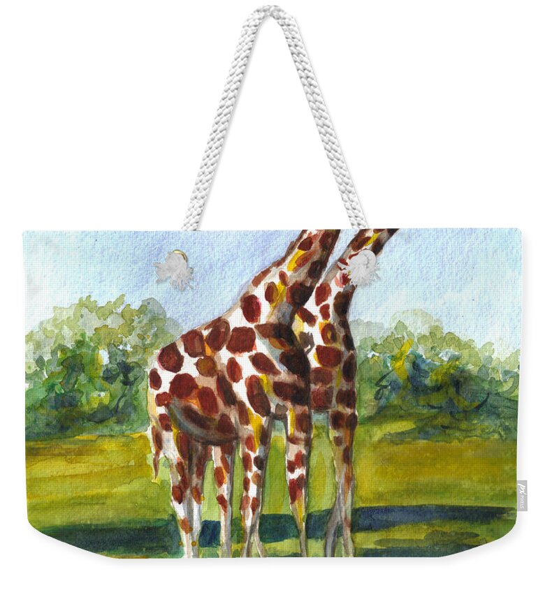 Giraffe Weekender Tote Bag featuring the painting Giraffe twins by Clara Sue Beym
