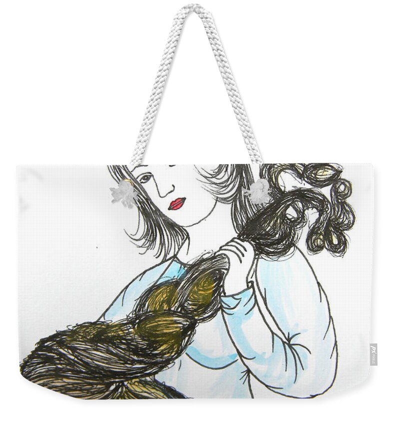 Maiden Wiser Than The Tsar Weekender Tote Bag featuring the drawing Girl and Tow by Marwan George Khoury