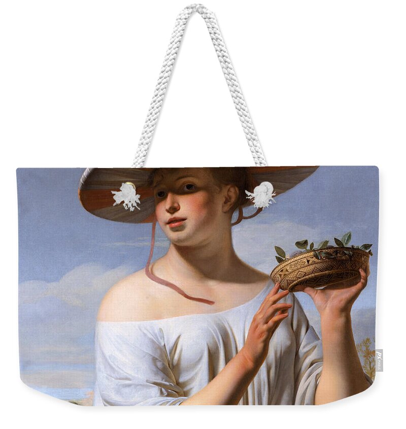 Caesar Van Everdingen Weekender Tote Bag featuring the painting Girl in a Large Hat by Caesar van Everdingen