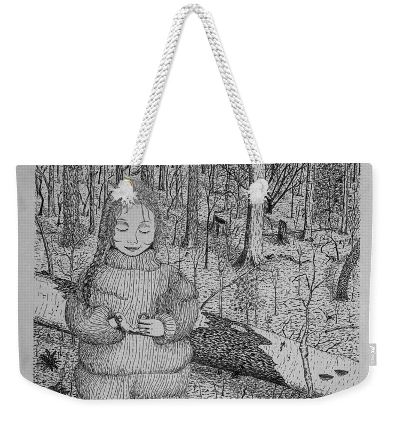 Girl Weekender Tote Bag featuring the drawing Girl In The Forest by Daniel Reed