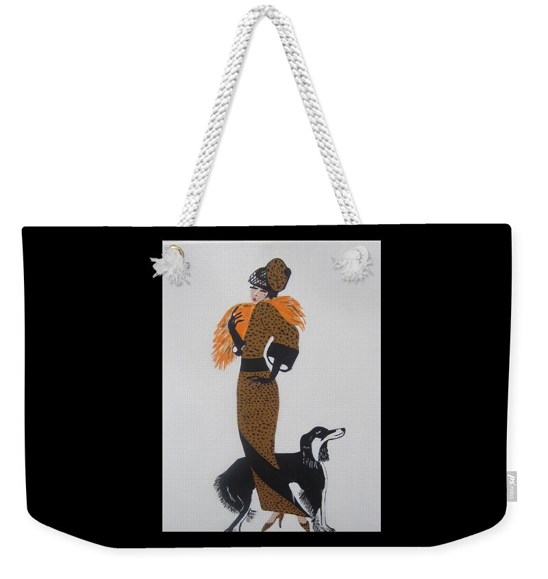 Art Deco Girlwith Orange Fur Weekender Tote Bag featuring the painting Girl With Orange Fur by Nora Shepley