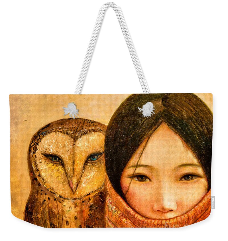 Shijun Weekender Tote Bag featuring the painting Girl with Owl by Shijun Munns