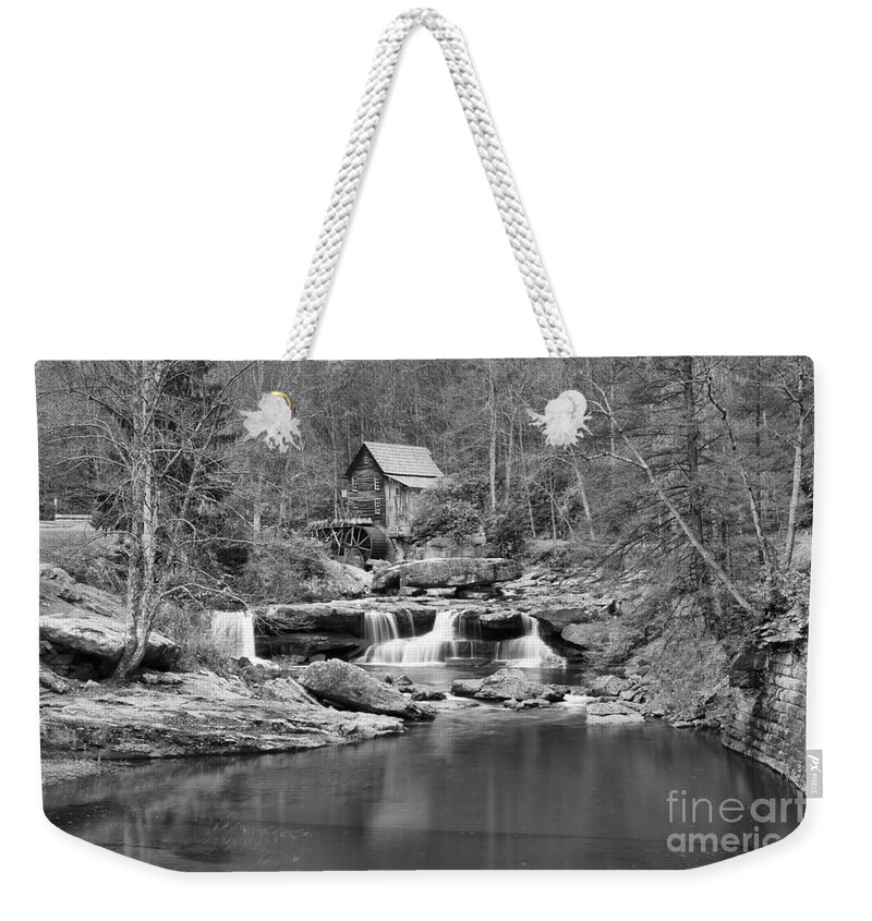 Glade Creek Black And White Weekender Tote Bag featuring the photograph Glade Creek Grist Mill In Black And White by Adam Jewell