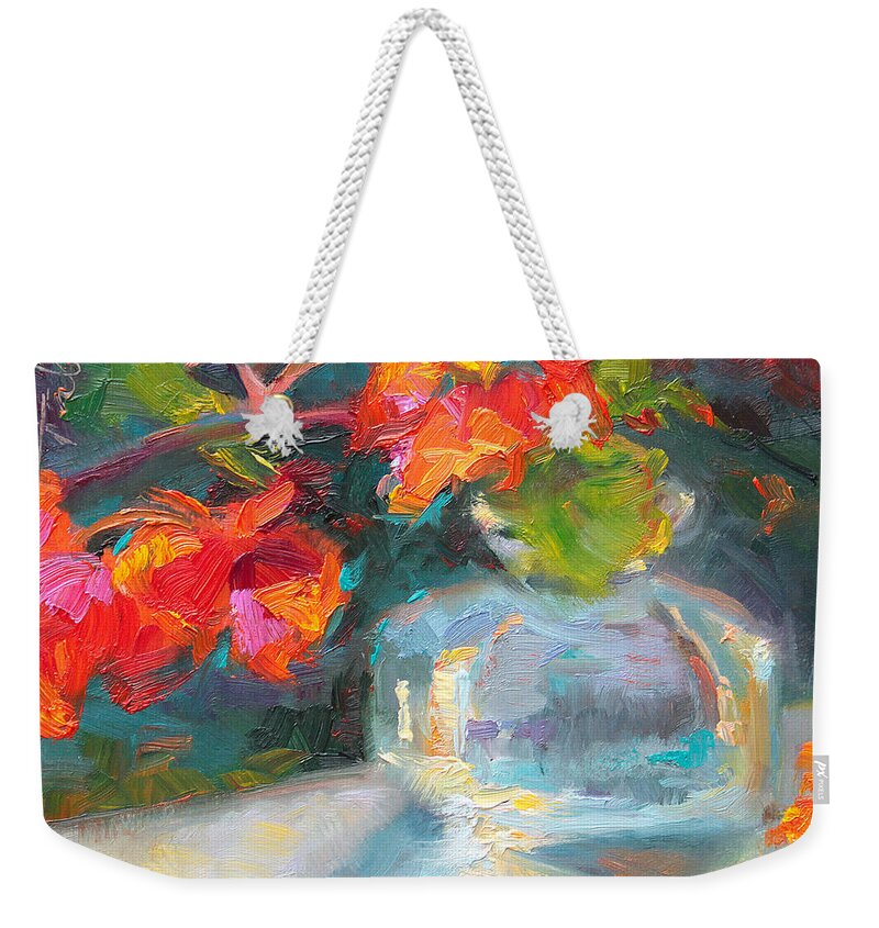 Nasturtium Weekender Tote Bag featuring the painting Gleaning Light Nasturtium Still Life by Talya Johnson
