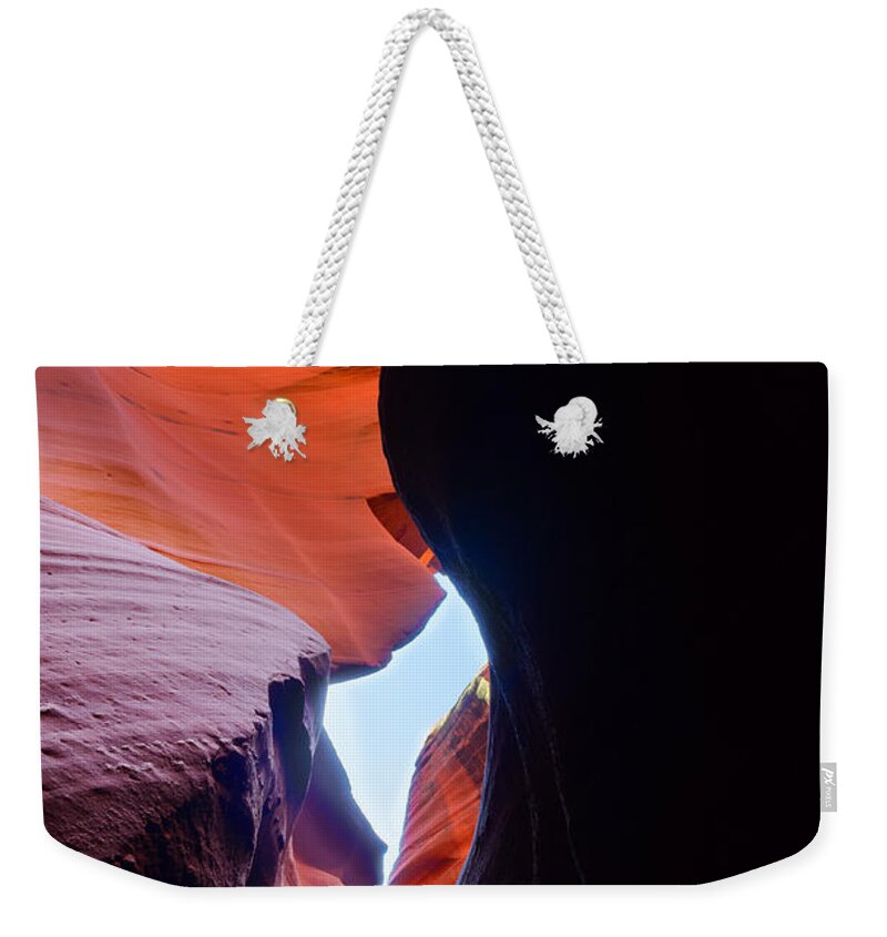 Antelope Canyon Weekender Tote Bag featuring the photograph Glowing Red Rocks by Jason Chu