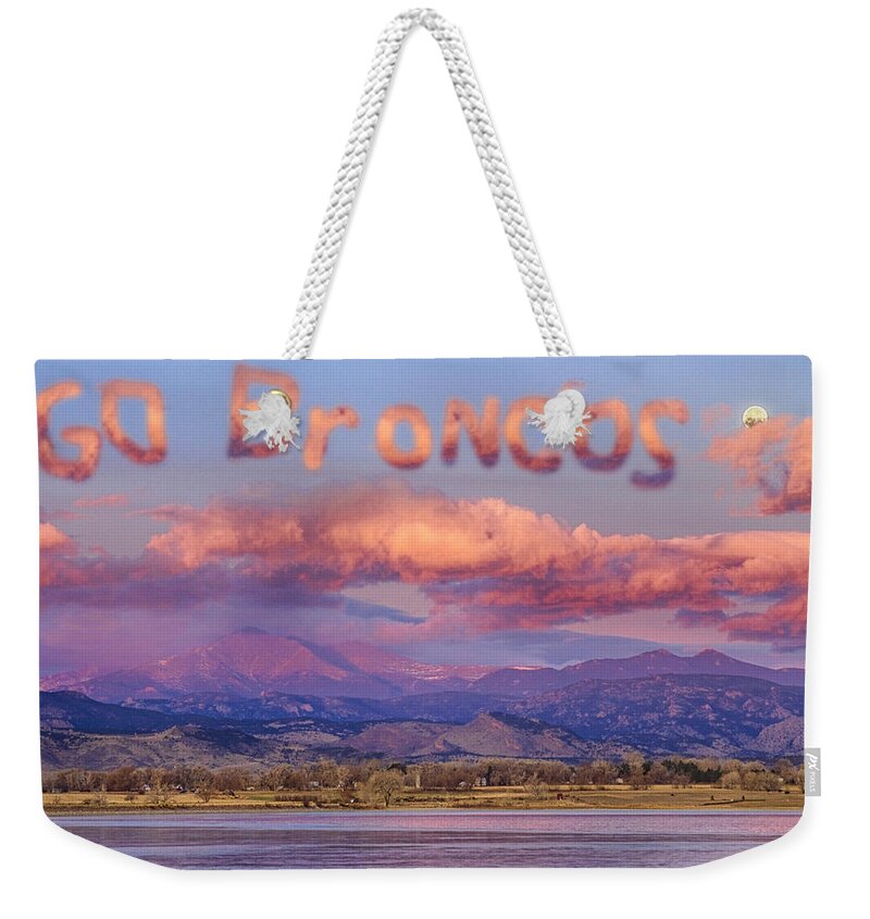 Go Broncos Weekender Tote Bag featuring the photograph Go Broncos Colorado Front Range Longs Moon Sunrise by James BO Insogna
