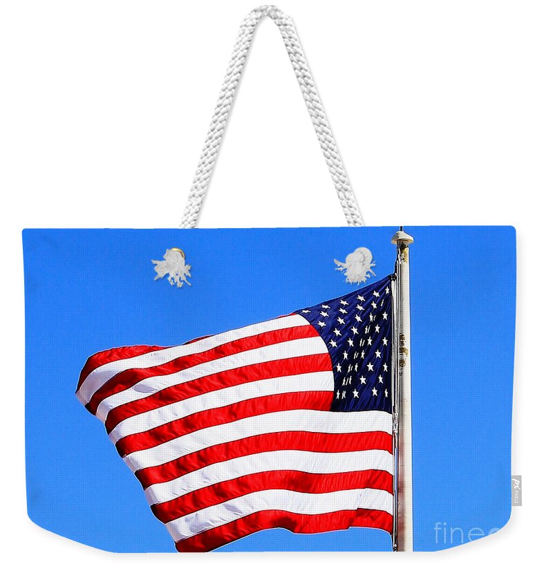 American Flag Weekender Tote Bag featuring the photograph God Bless America by Judy Palkimas