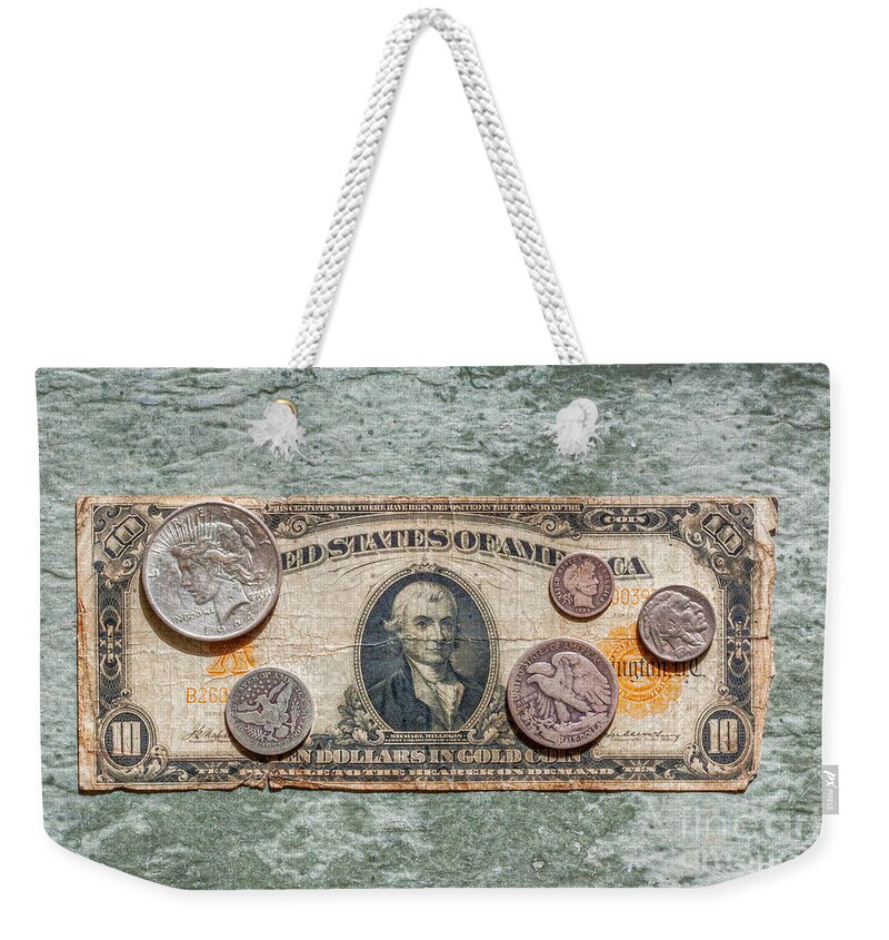Gold Certificate And Silver Coins Weekender Tote Bag featuring the photograph Gold Certificate and Silver Coins Ver 1 by Randy Steele