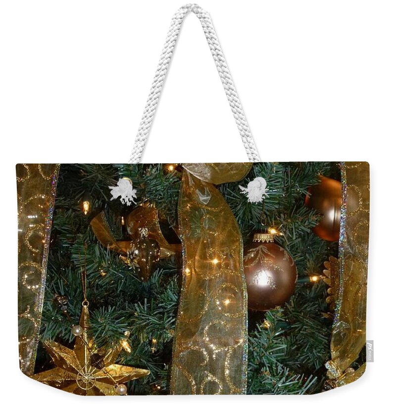 Christmas Tree Weekender Tote Bag featuring the photograph Gold Tones Tree by Barbie Corbett-Newmin