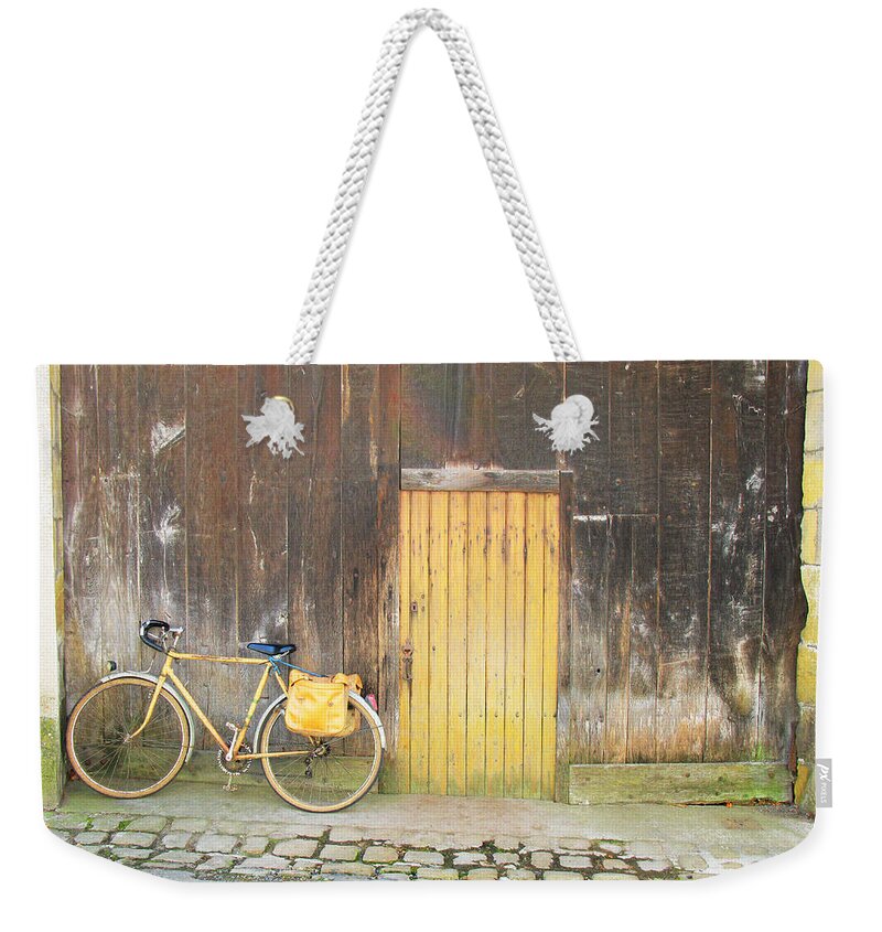 Golden Yellow Weekender Tote Bag featuring the photograph Golden Bike by Randi Kuhne