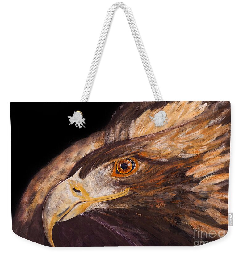 Eagle Weekender Tote Bag featuring the painting Golden eagle close up painting by Carolyn Bennett by Simon Bratt