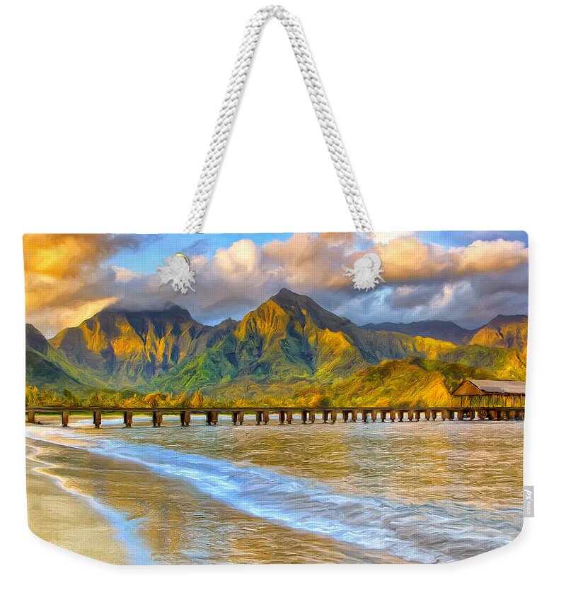 Morning Weekender Tote Bag featuring the painting Golden Hanalei Morning by Dominic Piperata
