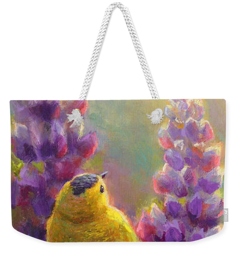 Golden Light 2 Weekender Tote Bag featuring the painting Golden Light 1 Wilsons Warbler and Lupine by K Whitworth