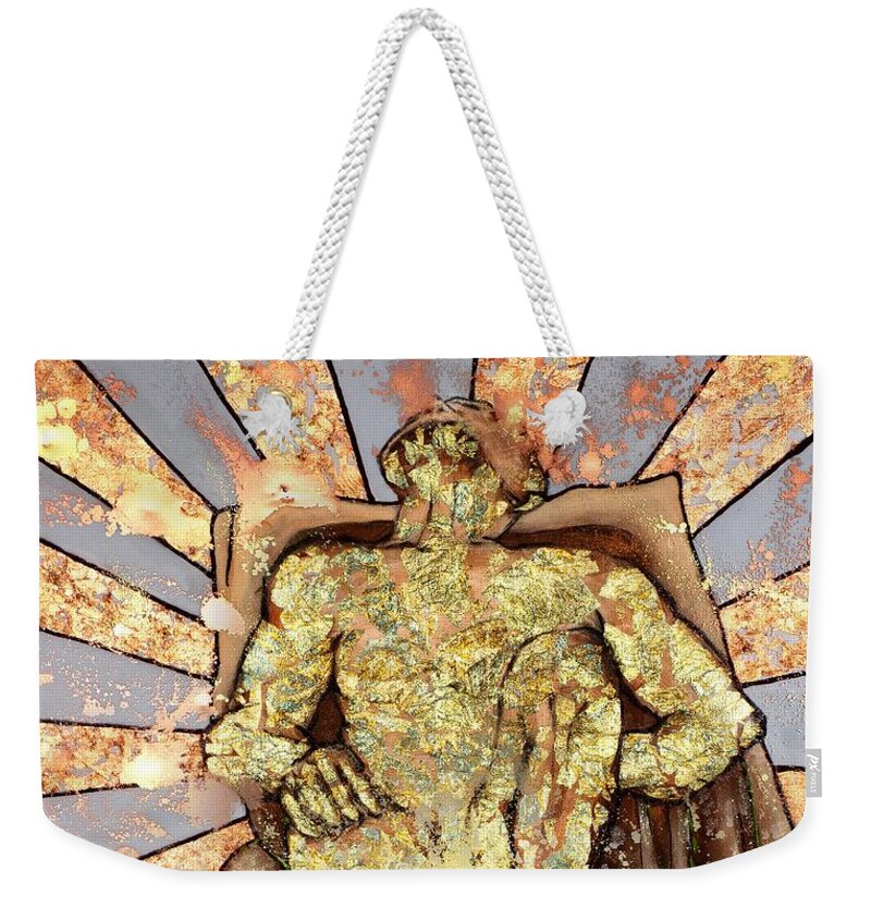 Golden Man Weekender Tote Bag featuring the painting Golden Man On The Precipice by Cynthia Parsons