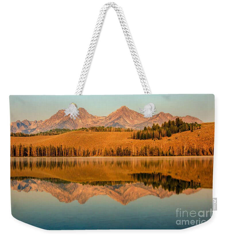 Rocky Mountains Weekender Tote Bag featuring the photograph Golden Mountains Reflection by Robert Bales