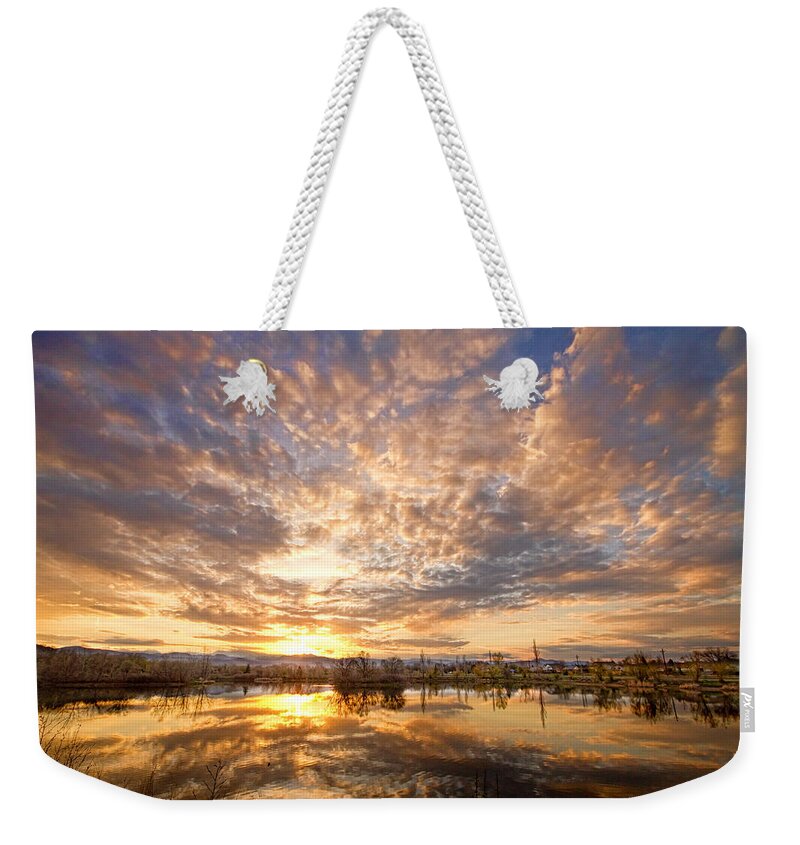 Clouds Weekender Tote Bag featuring the photograph Golden Ponds Scenic Sunset Reflections 5 by James BO Insogna