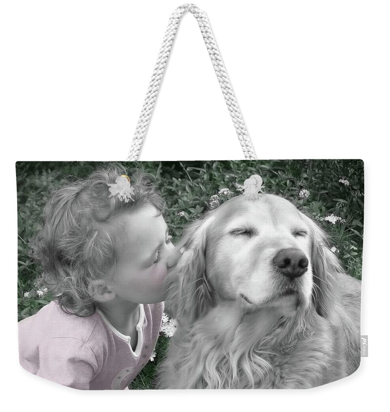 Golden Retriever Weekender Tote Bag featuring the photograph Golden Retriever Dog Kiss from a Little Girl by Jennie Marie Schell