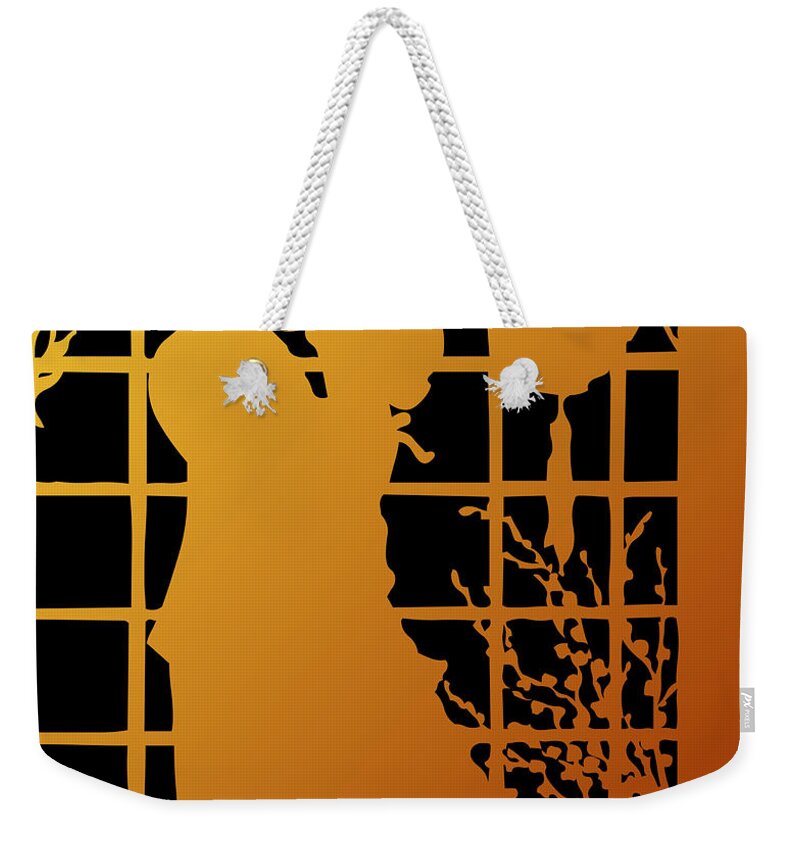 Couples Weekender Tote Bag featuring the digital art Golden Silhouette of Couple Embracing by Rose Santuci-Sofranko