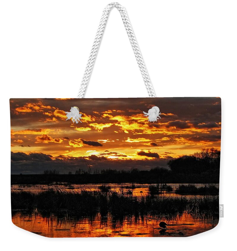 Sunset Weekender Tote Bag featuring the photograph Golden Sunset Over The Pond by Dale Kauzlaric