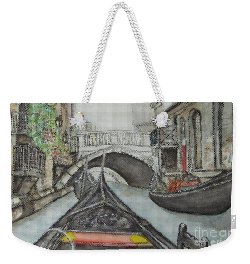 Watercolour Paintings Weekender Tote Bag featuring the painting Gondola Venice Italy by Malinda Prud'homme