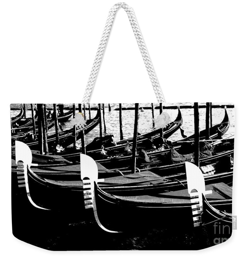 Black And White Weekender Tote Bag featuring the photograph Gondolas Lined Up by Jacqueline M Lewis