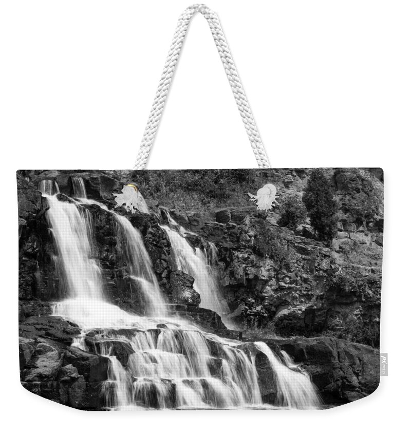 Duluth Weekender Tote Bag featuring the photograph Gooseberry Falls BW by Penny Meyers