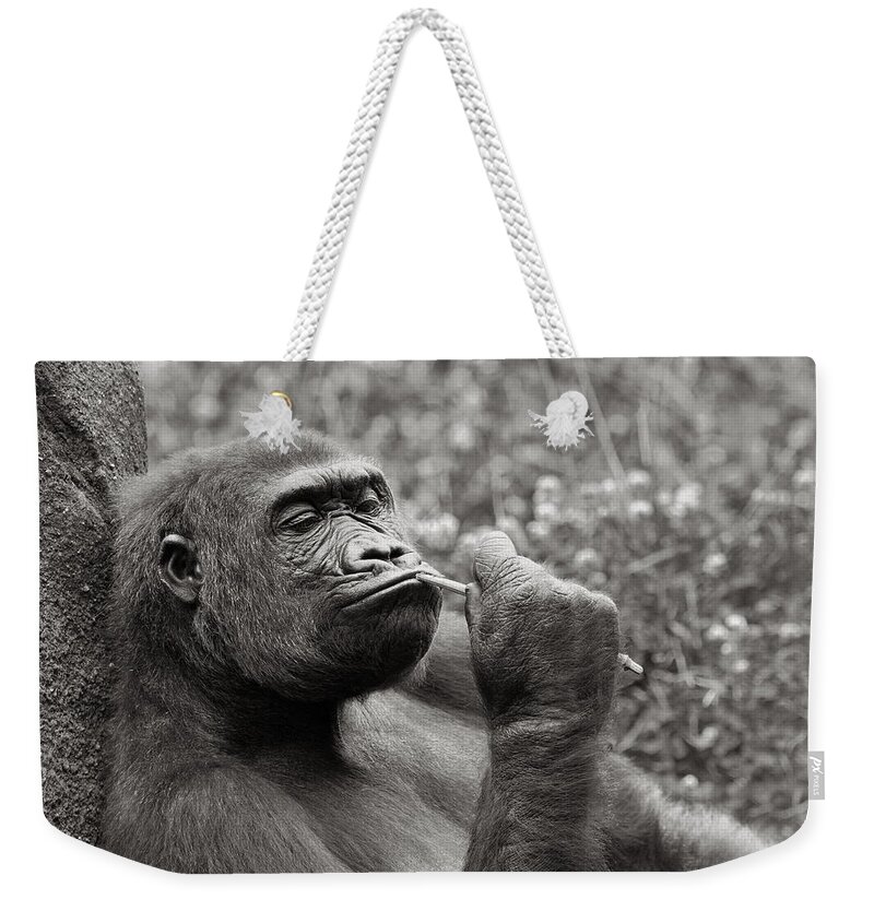 Gorilla Weekender Tote Bag featuring the photograph Gorilla Deep in Thought - Black and White by Angela Rath