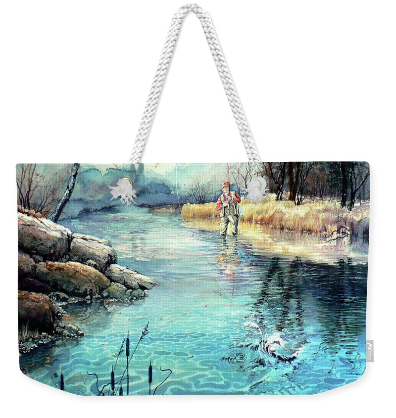 Fly Fishing Weekender Tote Bag featuring the painting Gotcha by Hanne Lore Koehler