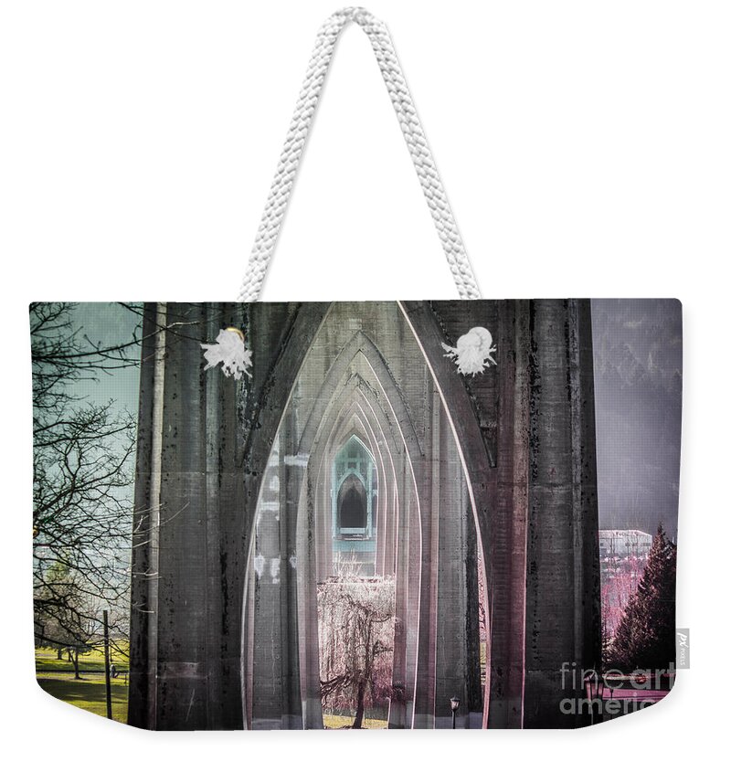 St.john's Bridge Weekender Tote Bag featuring the photograph Gothic Arches Hands Folded in Prayer by Patricia Babbitt