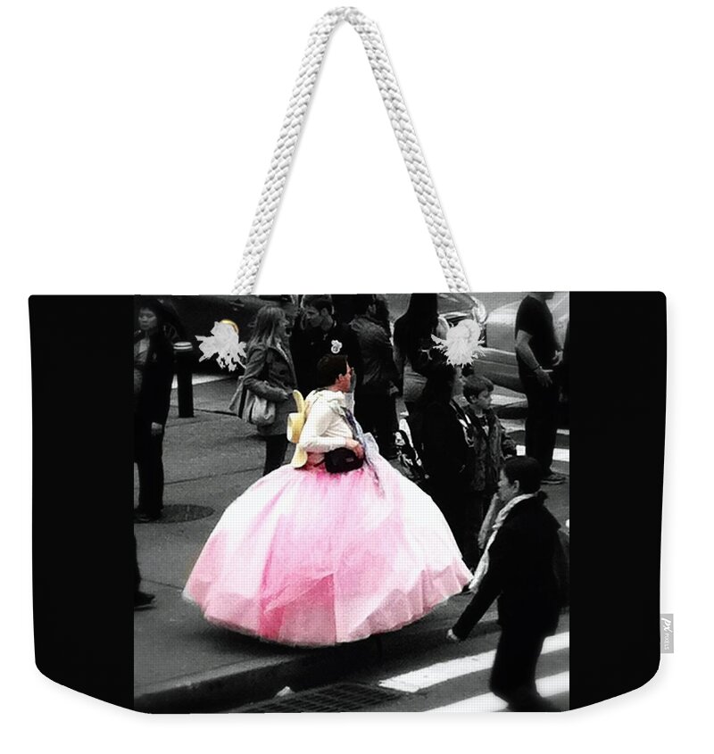 Black And White Photo With Highlight Of Pink Ball Gown (actual Color) Weekender Tote Bag featuring the photograph Gown Of Pink by Susan Garren