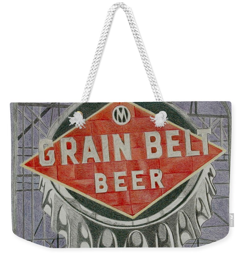 Sign Weekender Tote Bag featuring the drawing Grain Belt Beer by Glenda Zuckerman