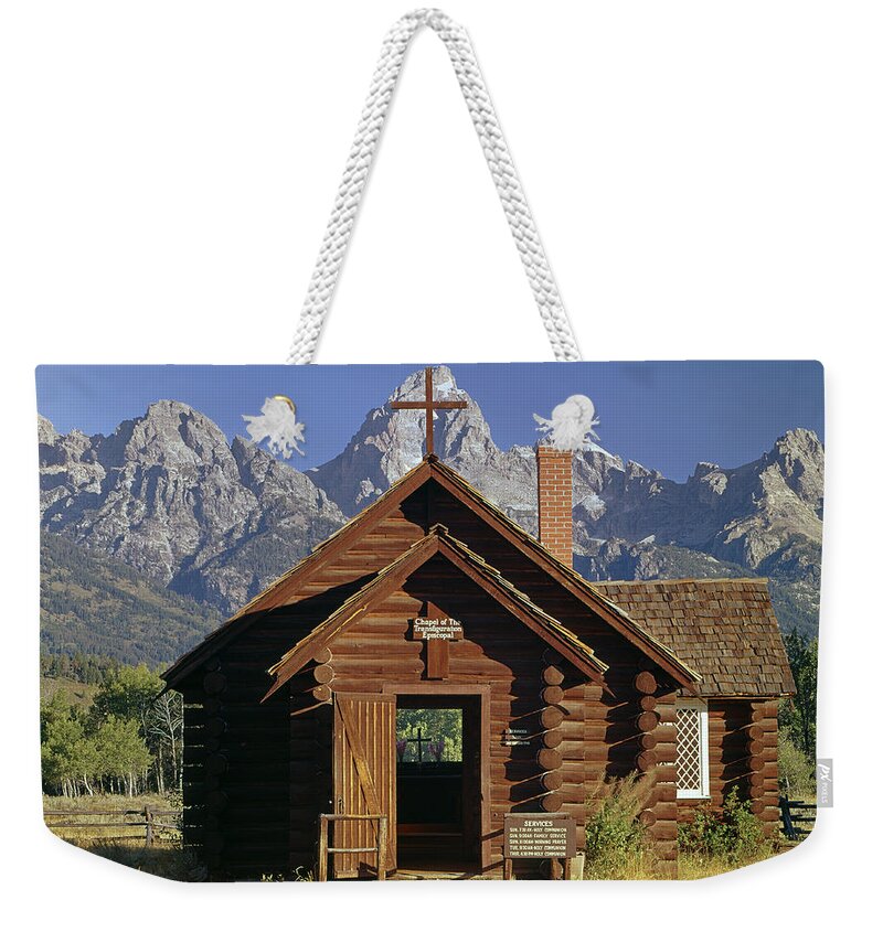 Chapel Of Transfiguration Weekender Tote Bag featuring the photograph 309227-Grand Teton and Chapel by Ed Cooper Photography