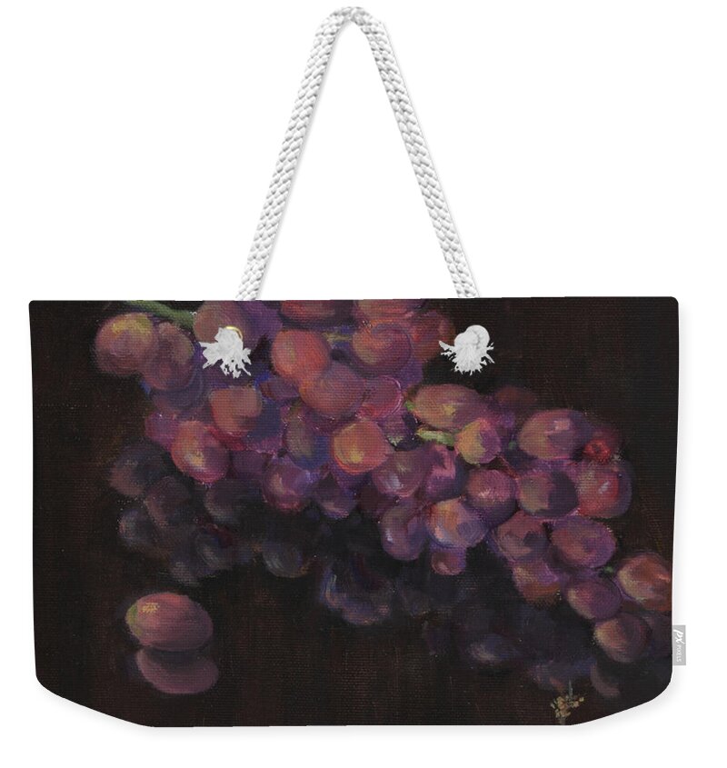 Flame Grapes Weekender Tote Bag featuring the painting Grapes in Reflection by Maria Hunt