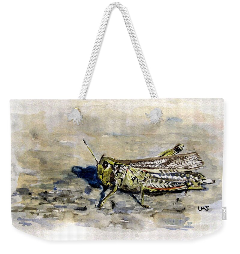Grasshopper Weekender Tote Bag featuring the painting Grasshopper by Ulrike Miesen-Schuermann